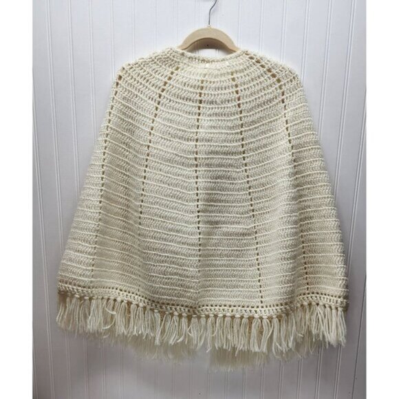Handmade Wool Blend Crochet Cape With Fringe Trim & Button Closure - Picture 5 of 10